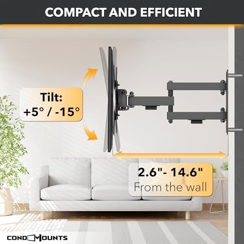 CondoMounts TVA8022 Full Motion TV Wall Mount for 12”-40” Screens | Swivel, Tilt & Extendable TV Mount w/Articulating Arms, Max VESA 200x200, 44 lbs Capacity | Portrait/Landscape, DIY Install, Black
