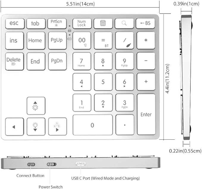 Tri-Mode Aluminum Numpad 7-Color Backlit Bluetooth 5.0/Wired USB-C/2.4G Wireless Number Pad Slim 35-Key Rechargeable Numeric Keypad External Keyboard Num Pad for Laptop, Mac - Silver White