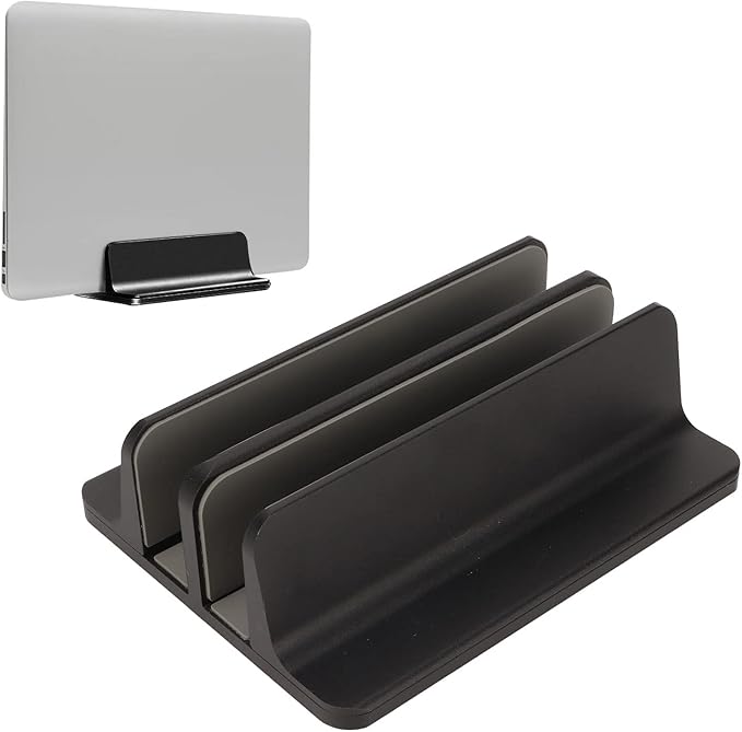 Vertical Laptop Stand Aluminum Alloy Double Dock, Laptop Stand Holder, Black Multifunctional Cooling Desktop Stand with Silicone Protective Pad, for Computer Tablet Book Storage
