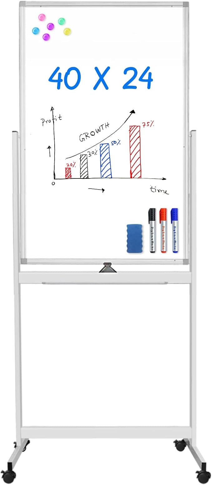 Magnetic Mobile White Board, 40 x 24 Double Sided Dry Erase Board Rolling Whiteboard Aluminum Frame Standing Whiteboard on Wheels