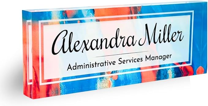Customized Clear Acrylic Thick 8x3" Desk Name Plate Block with Personalized Logo - Professional Office Decor - Customized Acrylic Plate Gift for Teacher Co-workers, Christmas Gifts for Her, Thanksgiving Gifts (Orange-Blue Dream)