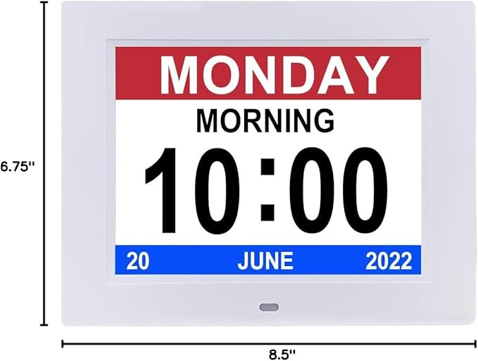 Aowasi Digital Day Calendar Clock 8 Inch 12 Alarms Non-Abbreviations Day & Month Electronic Dementia Alzheimer Vision Impaired Memory Loss Desk Large Digital Alarm Clock