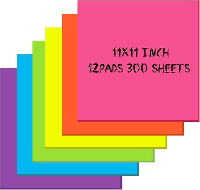 Zubebe 12 Pads 11 x 11 Inch Large Sticky Notes Jumbo Bright Colors Sticky Notepads Self Stick Note Square Memo Post Stickies for Office School, 25 Sheets/pad
