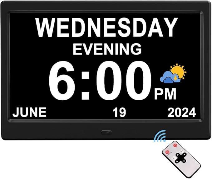 CAZOKASI Extra Large Impaired Vision Digital Alarm Clock with Day and Time for Elderly Calendar Clock Auto Dimmable Clock (10.1 Inch Black)