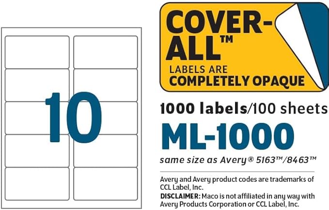 MACO Printable Labels for Shipping - Laser/Ink Jet Compatible Shipping Labels, 10 per Sheet, 2" x 4", Box of 100 Pages/1000 Labels, White