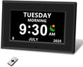 Digital Alarm Clock for Seniors - No-Abbreviation Date HD Display Auto Dimming Photo FrameWhite Noise DST Adjustment, Ideal Gift for Elders (7inch Black)