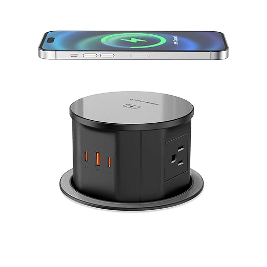 Pop Up Countertop Outlet with 15W Wireless Charger, PD 65W USB-C Ports & 4 AC Outlets, 800J Surge Protection, 4.75 inch Pop Up Electrical Outlet, 6Ft Cord for Home Office(ETL & FCC Listed)