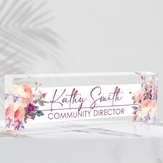 Desk Name Plate Personalized Name Plate for Desk, Office Desk Decor, 3D Style Personalized Plaque Name Plates for Desks Custom Appreciation Gifts for Boss Lady Employee Coworkers (Watercolor Flowers)