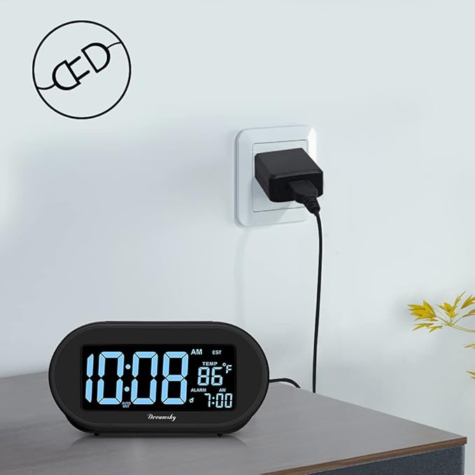 DreamSky Alarm Clocks for Bedrooms, Auto Set Digital Desk Clock for Bedside Nightstand, Electric Clock with Dimmable Brightness Dimmer, Auto DST, USB Port, Date, Temperature, Snooze