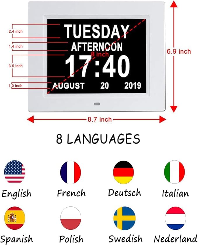 8 Alarms Digital Clock, Extra Large Display Wall Digital Day Calendar Clock with Non-Abbreviated Day & Month Alarm Clocks for Seniors Impaired Vision Dementia Elderly Alzheimer
