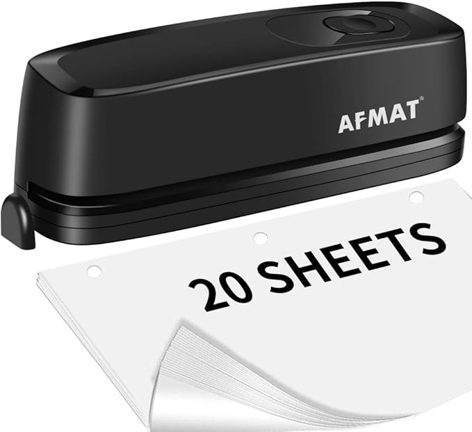 AFMAT Electric 3 Hole Punch, 20-Sheet 3 Hole Puncher for Binder, Effortless Punching, 9/32" Hole Diameter, Paper Hole Puncher 3 Hole Heavy Duty, for Office/School/Studio, AC or Battery Operated, HP01
