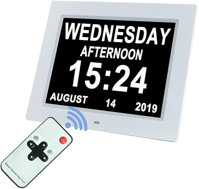 Aowasi [Upgraded 10 Inch] Digital Day Calendar Clock Auto-Diming & 8 Alarms Options Extra Large Non-Abbreviations Dementia Impaired Vision Senior Clocks for Memory Loss Alzheimer Eldarly