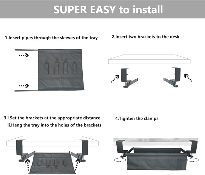 Under Desk Cable Management Tray, 15.7" Cord Organizer for Desk, No Drill,Clamp Mount Fabric Cable Management Tray for Office, Home(Black)