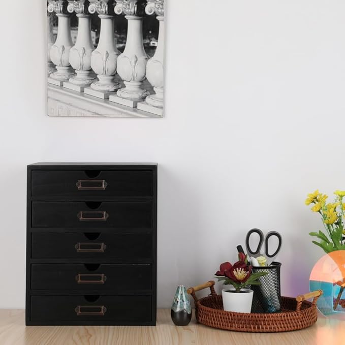 Wooden Storage Box with 5 Drawers Apothecary Drawers Vintage Wooden Drawers Wood Desktop Organizer with Drawers Countertop Drawers Library Card Catalog Cabinet Apothecary Cabinet （BLACK）