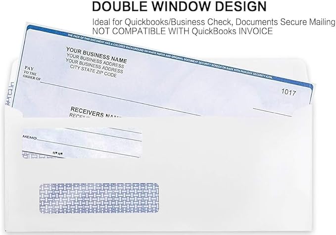 #8 Double Window Security Check Envelopes, No.8 Double Window Bussiness Envelopes Designed for QuickBooks Checks - Computer Printed Checks - 3 5/8 X 8 11/16 (NOT for INVOICES) - 24 LB - 100 PACK