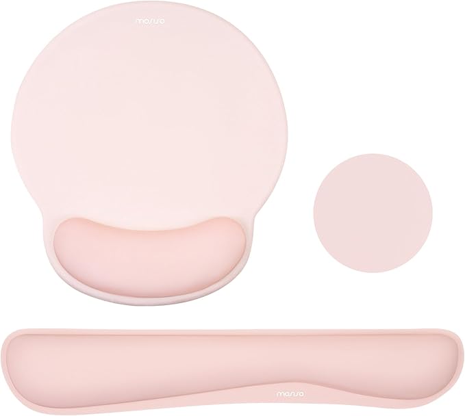 MOSISO Wrist Rest Support for Mouse Pad&Keyboard Set, Streamline Ergonomic Mousepad&Coaster Non-Slip Base Home/Office Pain Relief&Easy Typing Pad with Soft Cloth&Silicone Lining, Chalk Pink