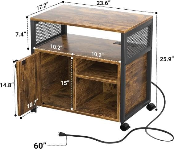 Lateral File Cabinet, Locking Office Filing Cabinets with Socket and USB Charging Port,printer cart with storage，Modern Rolling Printer Stand with Storage for Printer Scanner Fax，Brown