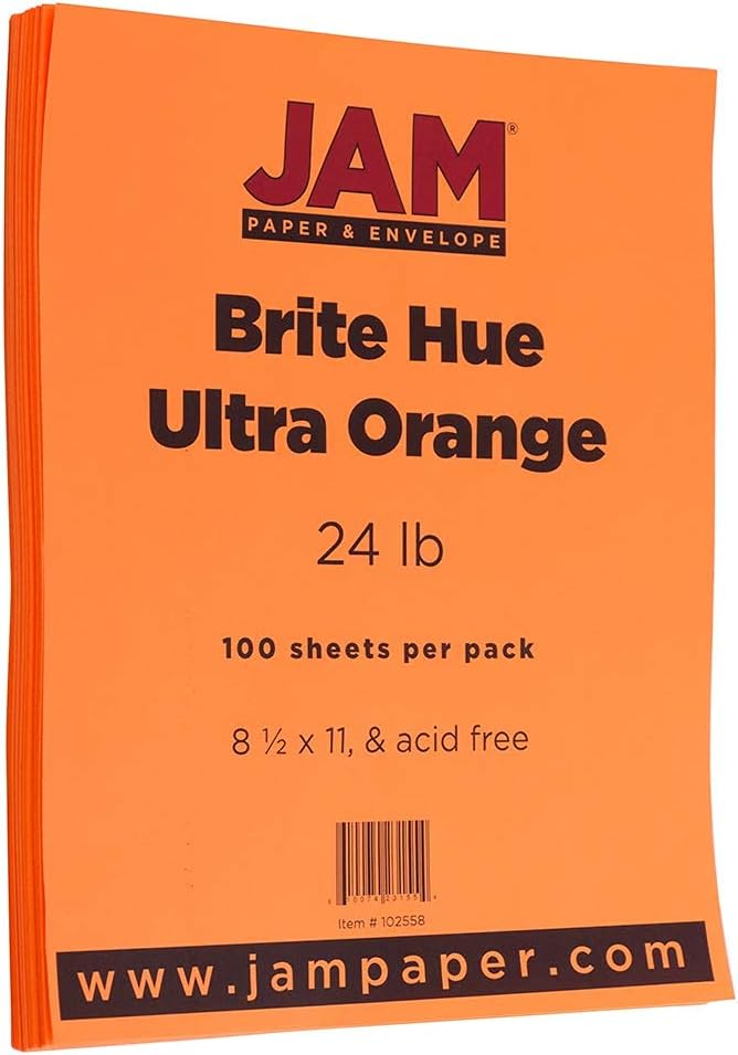 JAM PAPER Colored 24lb Paper - 90 gsm - 8.5 x 11 - Ultra Orange - 50 Sheets/Pack