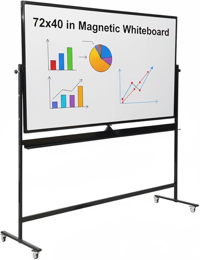 Large 72x40 Inch Mobile Whiteboard, Double-Sided Magnetic Dry Erase Board on 360-Degree Rolling Stand, Height-Adjustable, Reversible for Office, Classroom & Home Use