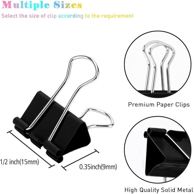 Office Mini Binder Clips, 144 Pack, 5/8 Inch, Black, Standard 15mm, Fold Clamp, Paper Clips