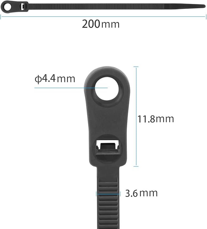 XINGO 100PCS 8 inch Zip Ties with Screw Hole, 40lbs Mountable head Cable Tie, Multipurpose Heavy Duty Nylon Zip Tie for Indoor & Outdoor Use (Black)