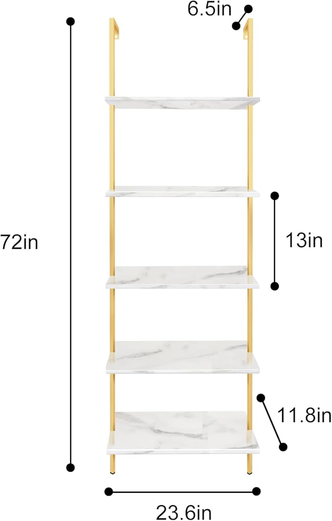 aboxoo Ladder Shelf White Marble Bookshelf 5-Tier Wall-Mounted Wood Rack Industrial Modern Plant Flower Stand Utility Organizer Open Bookcase Metal Frame Furniture Office Kitchen Bedroom