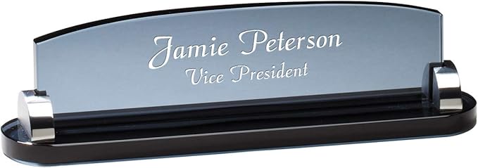 Executive Gift Shoppe | Personalized Smoked Glass Desktop Name Plate with Custom Engraving