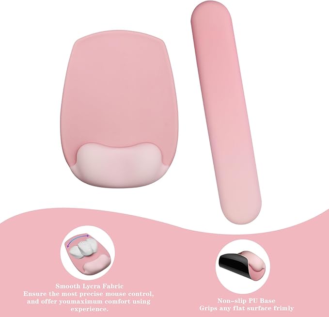 Wrist Rest Support for Mouse Pad and Keyboard Set, Ergonomic Gel Computer Keyboard Wrist Rest with Memory Foam for Long Hours of Work, Gaming, Studying-Relieve Wrist Pain (Pink)