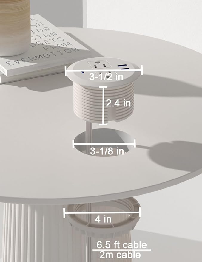 3 Inch Desktop Power Grommet,20W USB C Fast Charging Station,3-USB Port,Flush Mount,6.5 ft Power Cord.Round Recessed Power Strip,Desk Hole Grommet Outlet for Workspace,Sofa,White