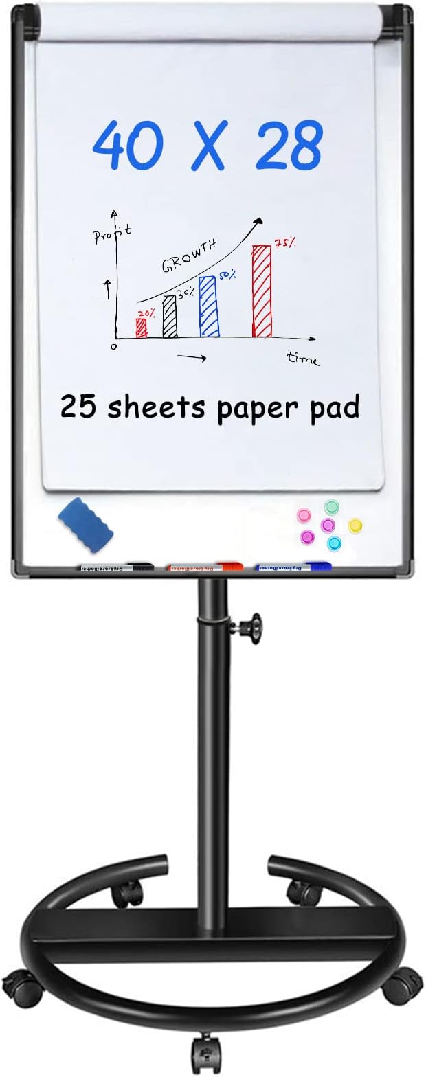 maxtek Mobile Dry Erase Board – 40x28 inches Magnetic Portable Whiteboard Stand Easel White Board Flipchart Easel Board with 25 Sheets Paper Pad