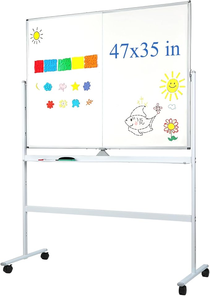47 x 35 in Double Sided Rolling Whiteboard, Mobile Whiteboard Magnetic White Board - Large Reversible Dry Erase Board Easel Standing Board on Wheels with Stand