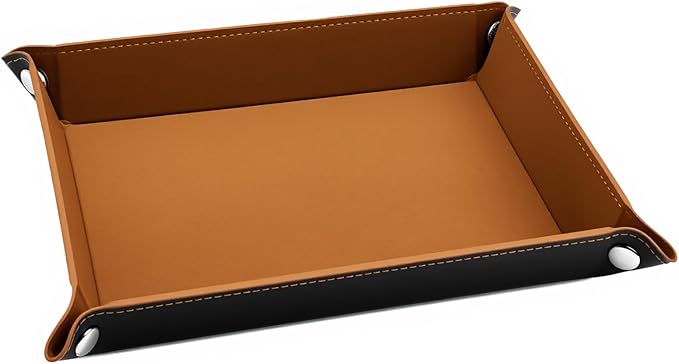 PU Leather Jewelry Valet Tray for Women and Men, Premium Catchall Tray for Keys Wallet Watch Jewelry Glasses and Candy, Large Nightstand or Dresser Organizer 8x6 Inch Brown