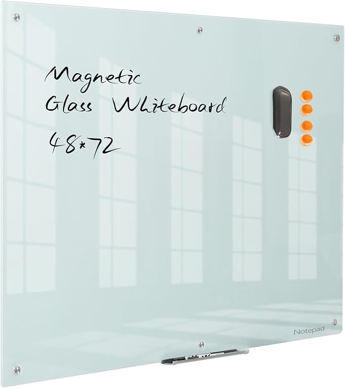 Glass Whiteboard 48 * 72Inches Magnetic Wall Mounted Glass Whiteboard, Large Frameless Glass White Board for Wall Office, Home & School