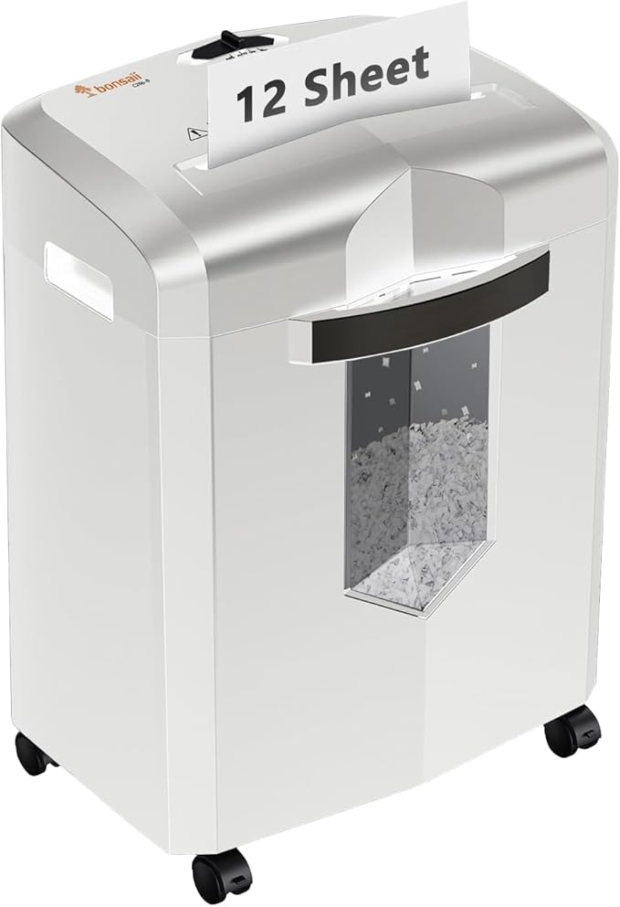 Bonsaii 12-Sheet P-4 Micro-Cut Shredder, 60-Min Continuous Use, Shreds Paper, Credit Cards & CDs, 4-Gal Transparent Bin, Mobile Casters – Black