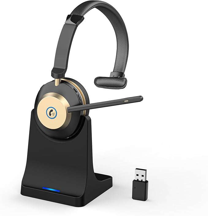 Earbay Wireless Headset with Mic for Work, Bluetooth Headphones with Microphone Noise Canceling, V5.3 Blueooth Headset with USB Dongle & Charging Base for PC/Laptop/Phones/Call Center