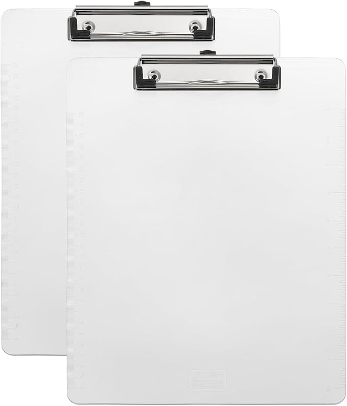 M&G 2 Pcs Plastic Clipboards 12.4 x 8.9 Inch, Ruler Clip Boards with Low Profile Metal Clip Holds 110 Sheets of A4 Letter Size Paper for Office Classroom, Transparent Brown