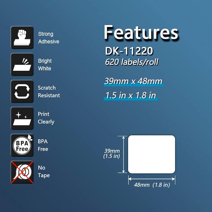 BETCKEY - White Food Labels Replacement for Brother DK-1220 (1.5 in x 1.8 in), Compatible with Brother QL Label Printers [1 Rolls/620 Labels, Light Blue]