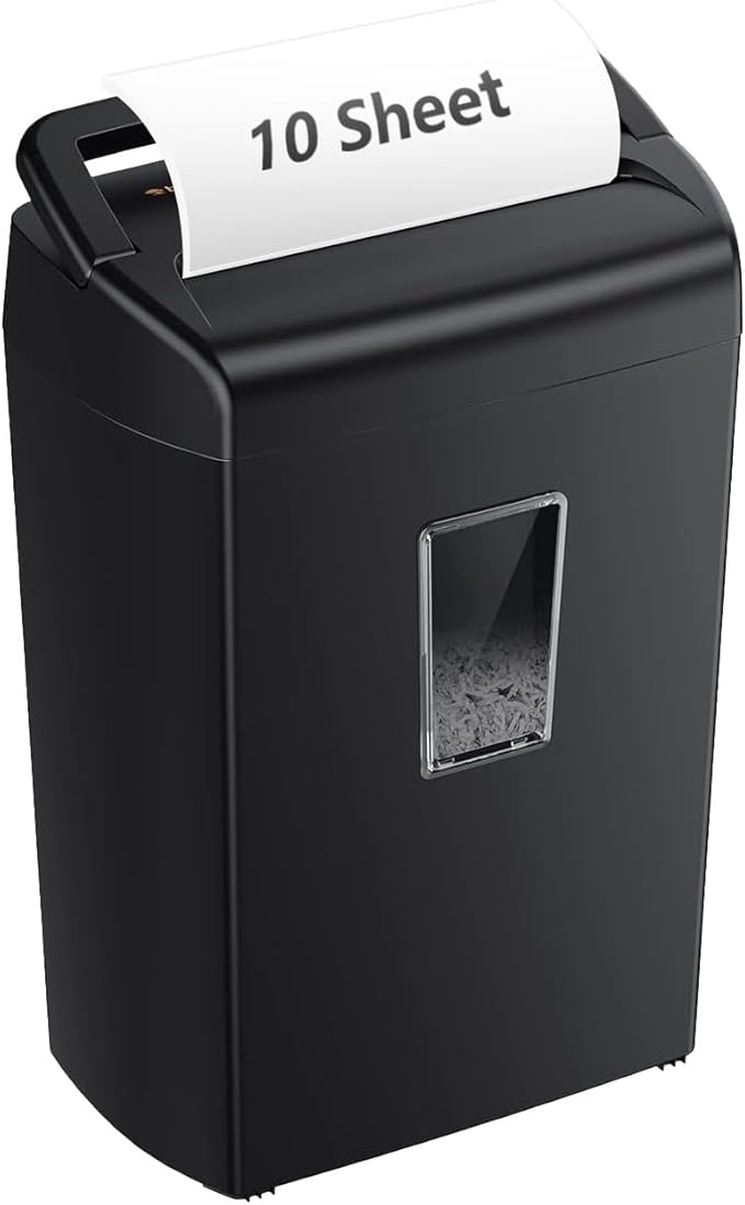 Bonsaii 10-Sheet Cross-Cut Paper Shredder for Home Office, 4-Min Runtime, 5.5-Gallon Bin with Viewing Window & Handle, Shreds Credit Cards, Staples, Quiet, Overheat Protection – Black