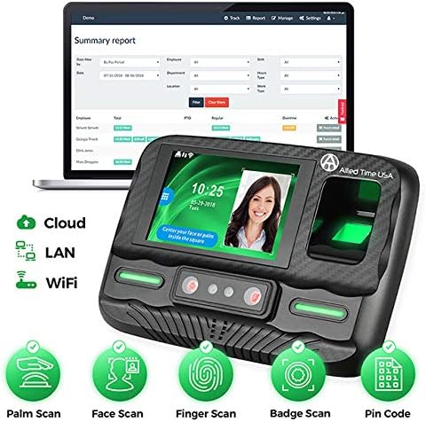 Biometric Time Clock for Employees Attendance - Subscription Clock in Machine for Employees - Pin, Face Scanner, Palm & Fingerprint Time Clocks for Employees Small Business - 2 RFID Time Clock Cards