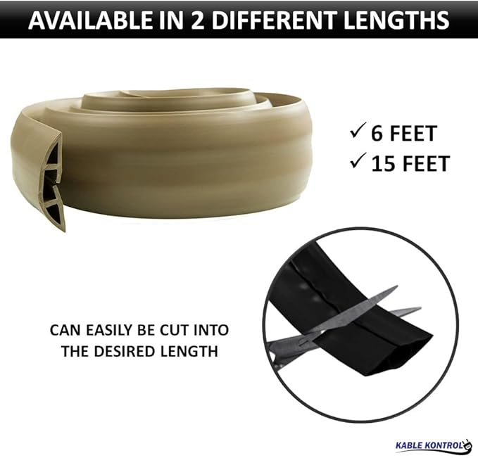 Kable Kontrol Floor Cord Cover kit - 15 Feet Long Gray Plastic Cable Protector, Hides Cords and Conceals Wires, for Extension Cord Cable Management, Channel Size 0.75” W x 0.43” H