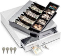 Volcora 13" Cash Register Drawer for Point of Sale (POS) System with Fully Removable 2 Tier Cash Tray, 4 Bill/5 Coin, 24V, RJ11/RJ12 Key-Lock, Double Media Slot, Small Money Drawer, White