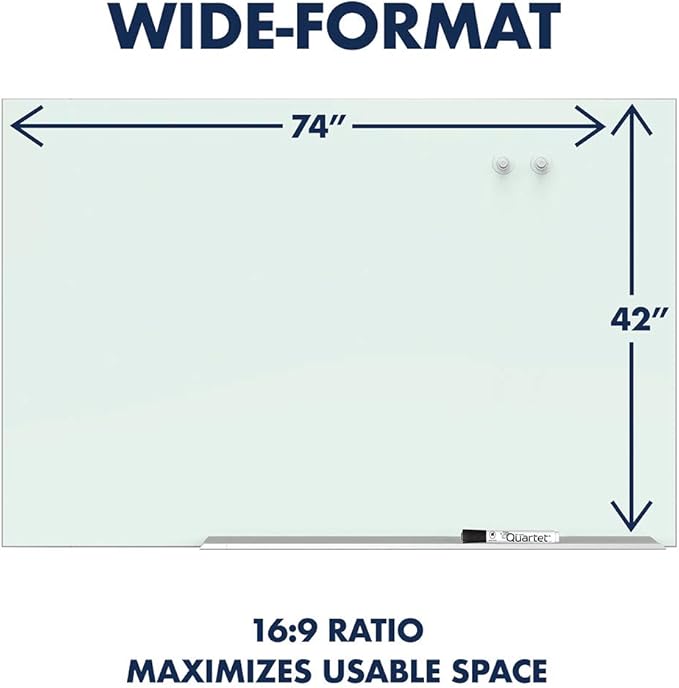 Quartet Glass Whiteboard, Magnetic Dry Erase White Board, 74" x 42", Wide Format, Aluminum Frame, Element (G7442E)