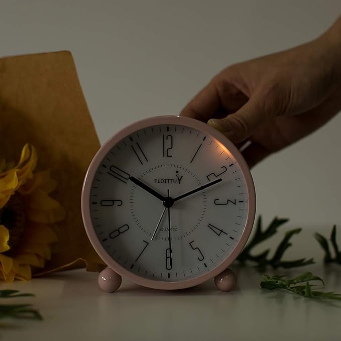 Super Silent Metal Alarm Clock,Beep Wake Round Alarm Clock with Night Light,Battery Operated,Easy Set,Simple & Retro for Desk, Bedroom and Home Decoration(Pink)