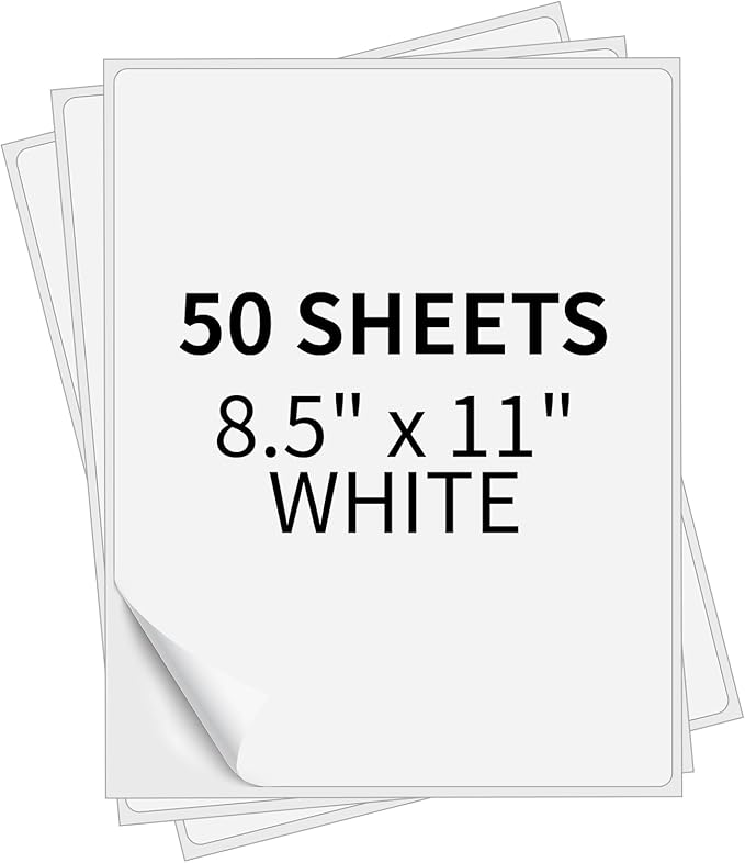 PAPRMA Full Sheet Labels 8.5” x 11” Sticker Paper Matte White, Large Shipping Label Paper for Inkjet Laser Printer, 50 Counts