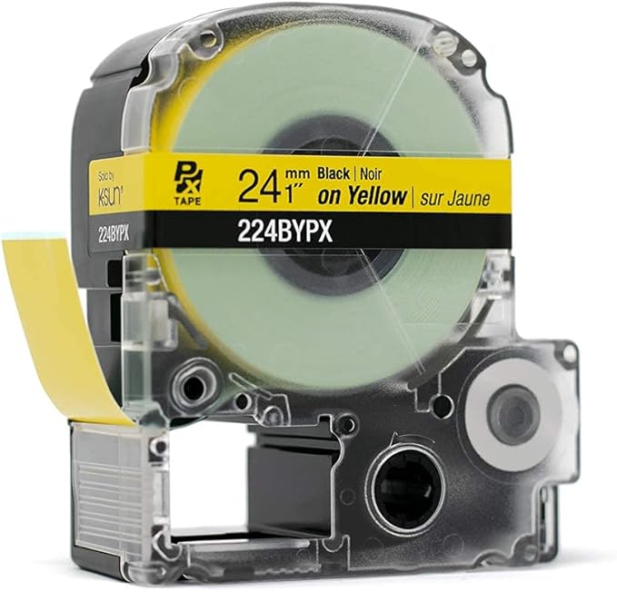 Epson LABELWORKS 224BYPX Genuine PET (Polyester) Tape Cartridge - Black on Yellow Industrial Label Maker Tape - 1" (24MM) Wide, 30 ft
