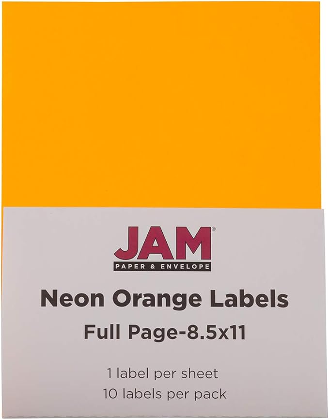 JAM PAPER Full Sheet Shipping Labels - Printable Sticker Paper - 8 1/2 x 11 - Neon Orange - 10 Full Pages/Pack