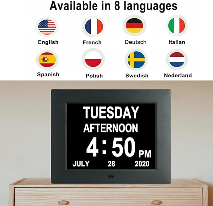 Aowasi [Upgraded 10 Inch] Digital Day Calendar Clock Auto-Diming & 8 Alarms Options Extra Large Date Time Non-Abbreviations Dementia Impaired Vision Senior Clocks for Memory Loss Alzheimer Elderly