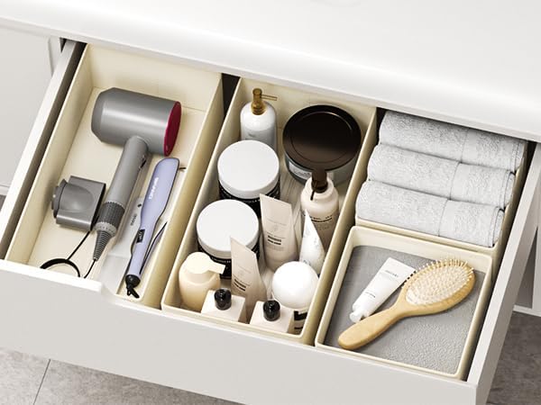 DIMJ Drawer Organizers Clothes, Set of 14 Dresser Organizer Bins, Fabric Closet Organizers and Storage, Shallow Drawer Dividers for Nursery, Clothing, Baby Clothes, Socks, Underwears, Tie (Beige)