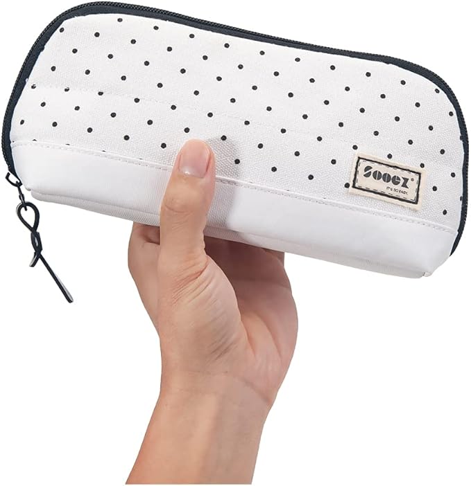 Sooez Wide-Opening Pencil Pen Case, Lightweight & Spacious Pencil Pouch Zipper Stationery Bag, Aesthetic Supply with Triangular Design for Adults, Black Dots