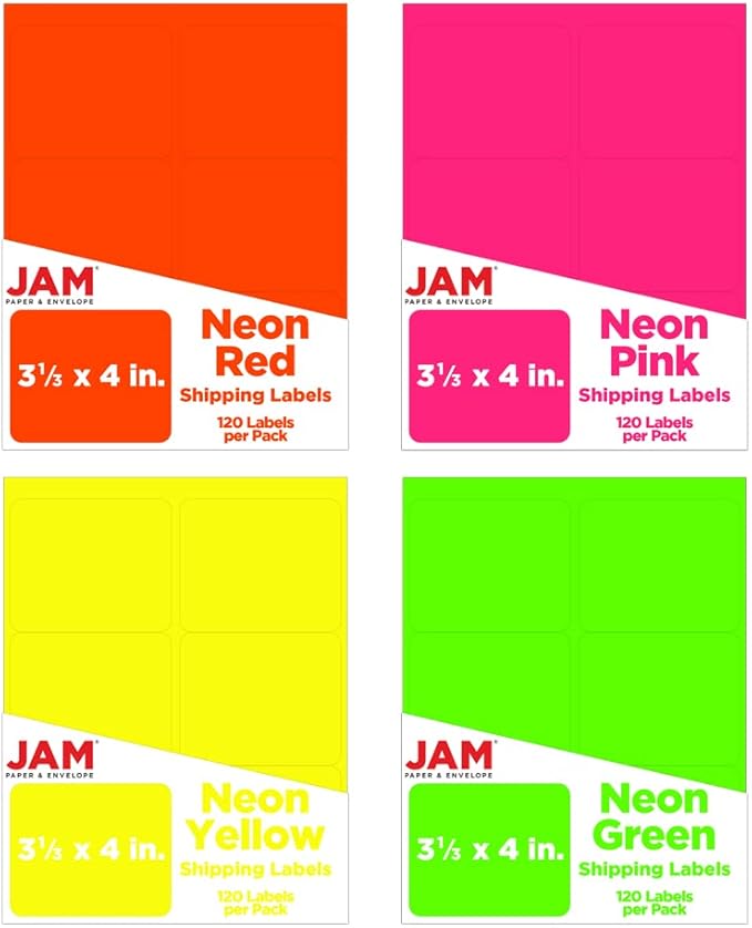 JAM PAPER Shipping Address Labels - Large - 3 1/3 x 4 - Assorted Neon Colors - 120/Pack